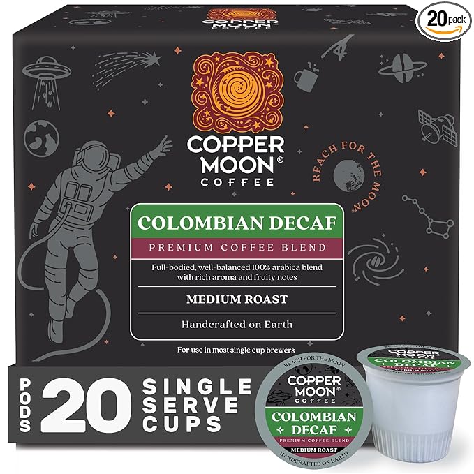 Copper Moon Single Serve Decaffeinated Coffee Pods for Keurig K Cup Brewers, Colombian Decaf Blend, Medium Roast Coffee, 20 Count