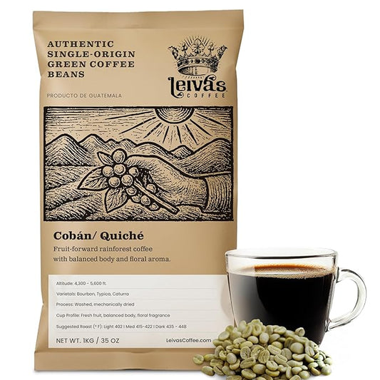 Leivas Unroasted Green Coffee Beans (1Kg) – Coban/Quiche Single Origin Coffee w/Fresh Fruit & Floral Notes – Washed, Shade Grown Organic Guatemala Beans – Balanced, Whole Bean Unroasted Blend