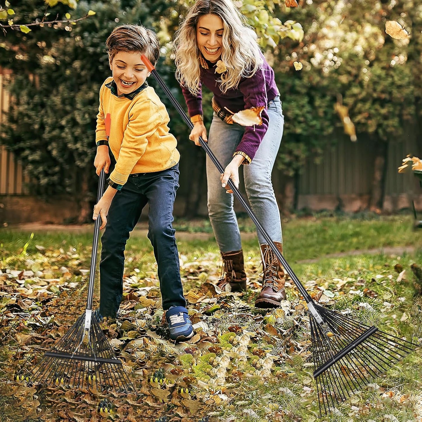 46 HRC Steel Gardening Leaf Rake, 24 Tines 23.2" Wide,Adjustable Split Long Handle 33-67",Suitable for Raking Leaves and Lawn Tidying,Garden rake and thatch rake Suitable for Adults