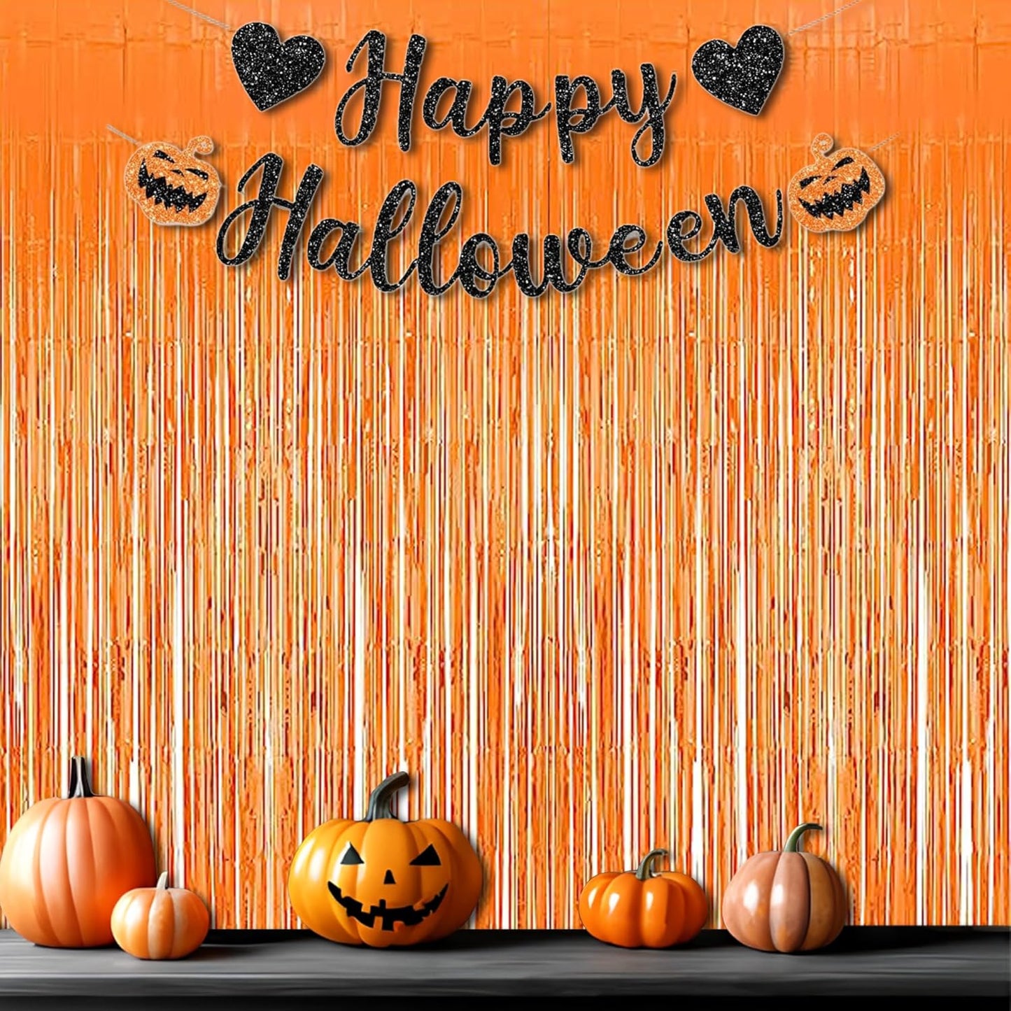 Foil Fringe Curtains Halloweens Decorations - Orange Tinsel Photo Backdrop Party Streamers for St Patricks Day, Easter, Birthdays, Fall, Pumpkin Theme, Thanksgiving, Basketball Party Decorations