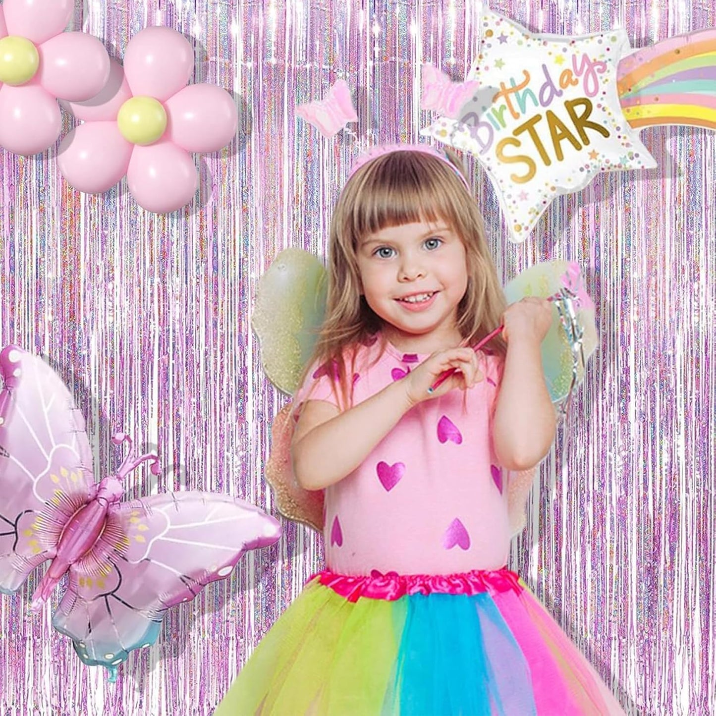 BRAVESHINE Pink Streamers Tinsel Foil Fringe Curtains - 2Pcs 3.2x8.2ft Metallic Photo Booths Backdrop for Girl/Princess/Birthday/Bridal Shower/Engagement/Bachelorette/Boo/Halloween Party Decorations