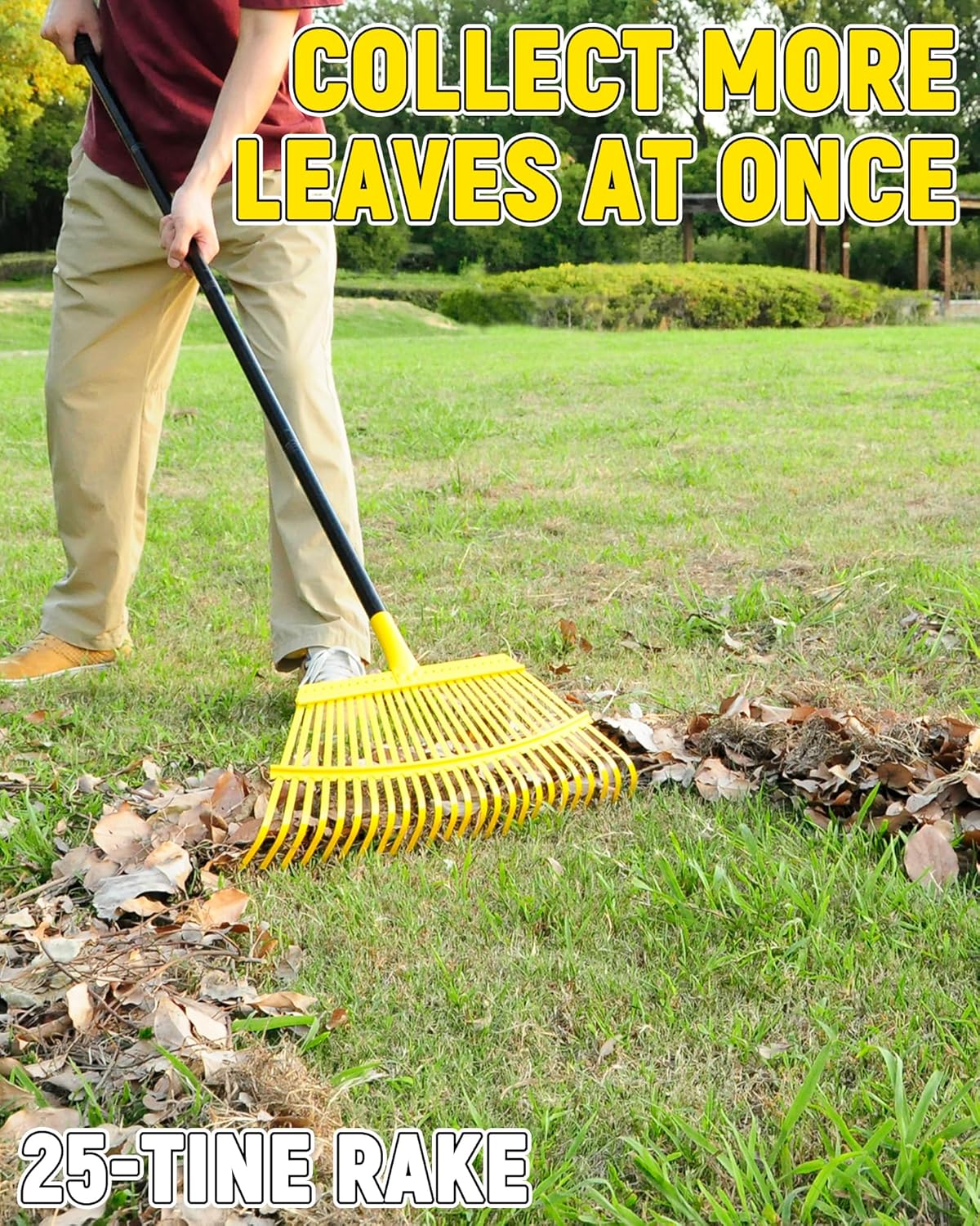 Garden Leaf Rake, 18” Wide Metal Rake with 25 Teeth, 62" Adjustable Long Handle, Heavy Duty Lawn Yard Tool for Leaves, Grass, Shrubs, Debris, Pine Needles, Garden Cleanup Tools for Backyard