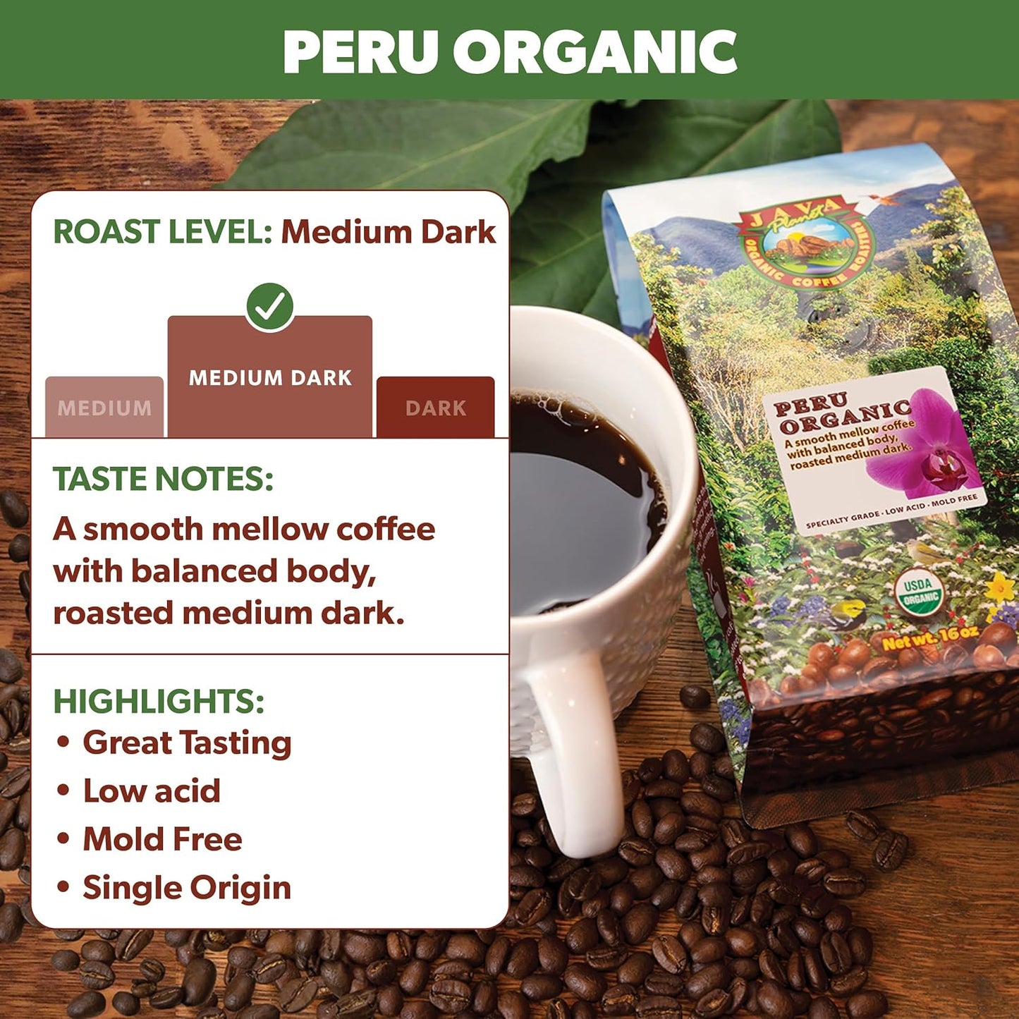 Low Acid Organic Coffee – Whole Bean, Mold-Free & Stomach Friendly by Java Planet, Peruvian Single Origin Coffee, Medium Dark Roast, Smooth Full Flavored, 2x1LB Bag