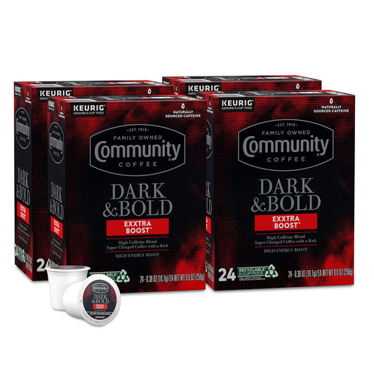 Community Coffee Dark & Bold Exxtra Boost 96 Count Coffee Pods, Compatible with Keurig 2.0 K-Cup Brewers, 24 count (Pack of 4)