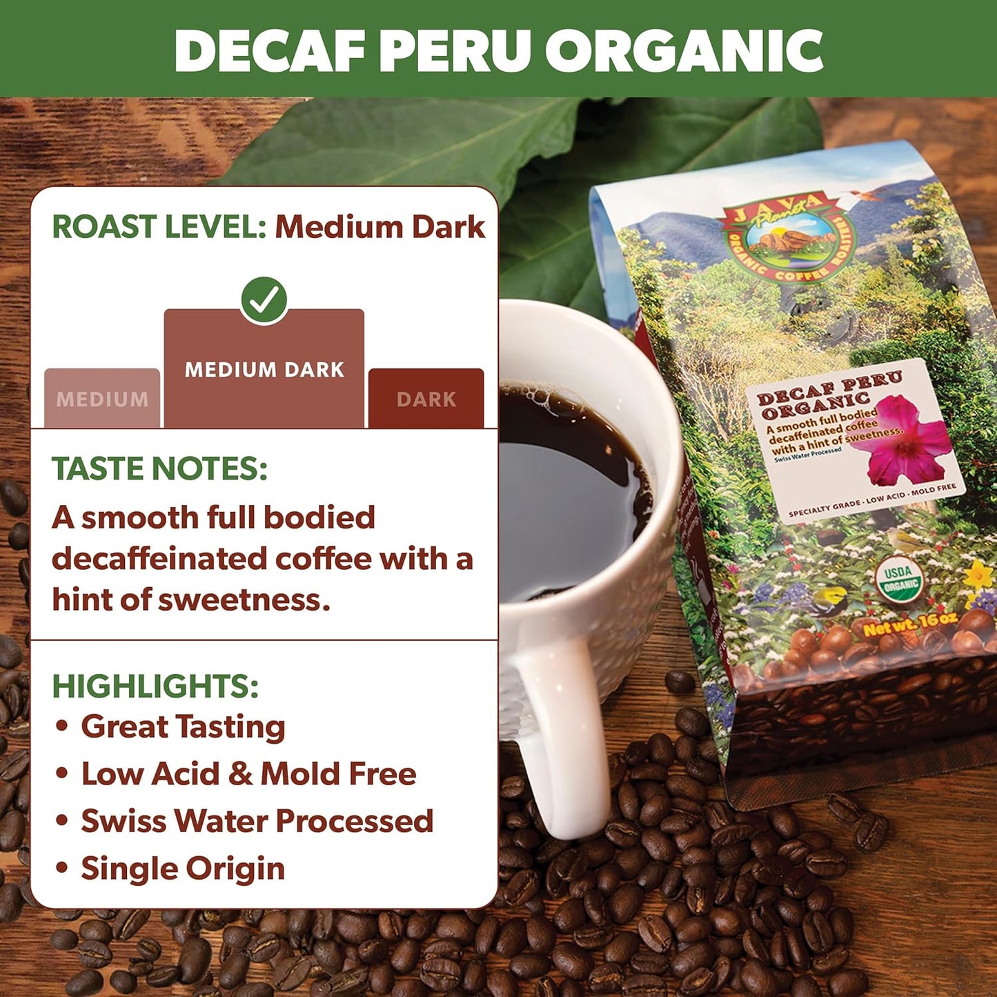 Low Acid Organic Coffee – Whole Bean, Mold-Free & Stomach Friendly by Java Planet, Peruvian Single Origin Decaf Coffee, Water Process, Medium Dark Roast, Smooth Full Flavored, 2x1LB Bag